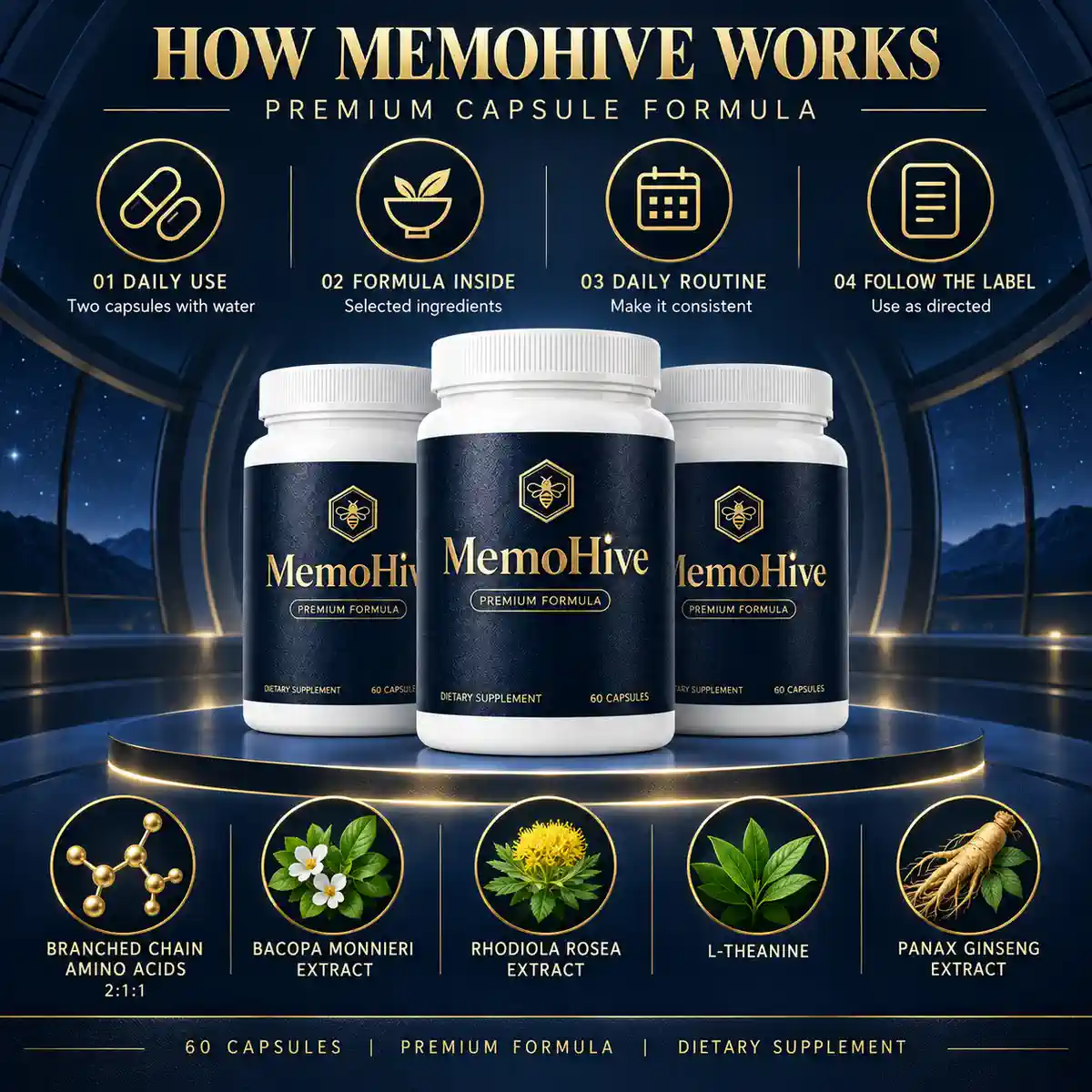 The seller&rsquo;s How MemoHive Works artwork: four numbered gold roundels reading Daily Use, Formula Inside, Daily Routine and Follow The Label, above three MemoHive bottles on a lit plinth