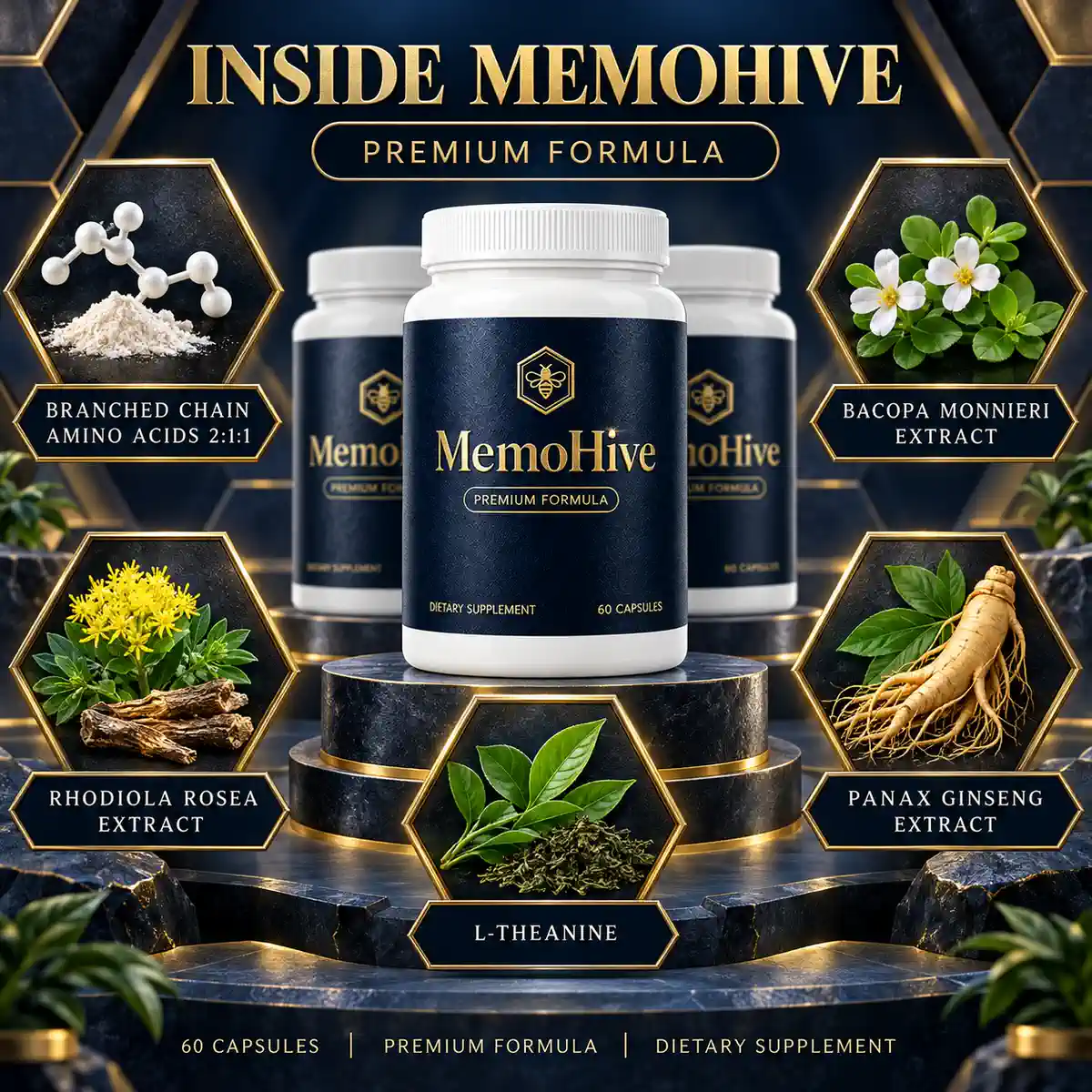 The seller’s Inside MemoHive artwork: a MemoHive bottle on a stone plinth ringed by six gold hexagons holding a white amino acid powder, bacopa flowers, rhodiola root, green tea leaves and ginseng root