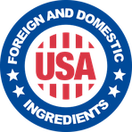 Blue and red roundel reading Foreign and Domestic Ingredients around a USA monogram