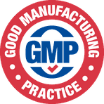 Red roundel reading Good Manufacturing Practice around a GMP monogram