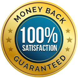 Gold and blue emblem reading Money Back 100 percent Satisfaction Guaranteed