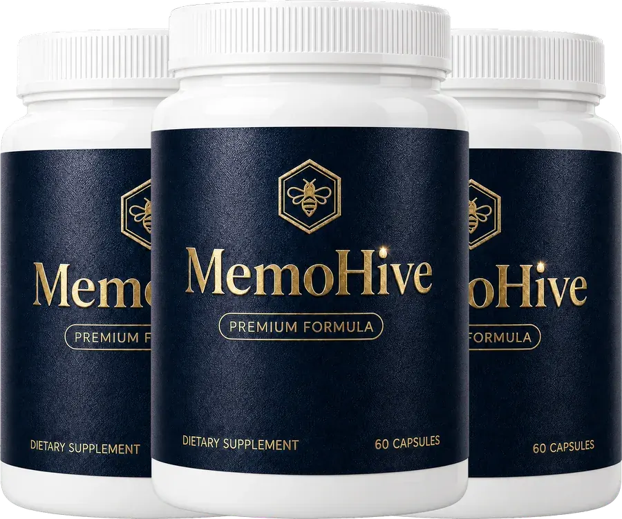 The MemoHive 3 bottles pack, navy labels with the gold hive mark