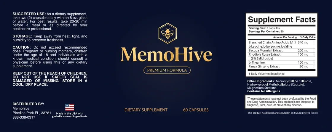 The MemoHive label artwork laid flat: directions, storage and caution on the left, the wordmark and bee hexagon in the middle, and the Supplement Facts panel with all five amounts on the right